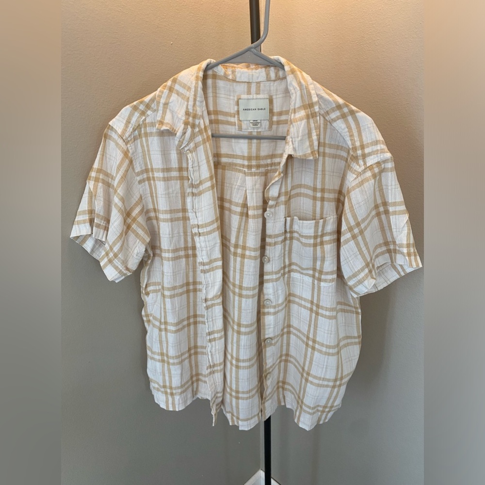 Cream and White Plaid Short Sleeved Button Up